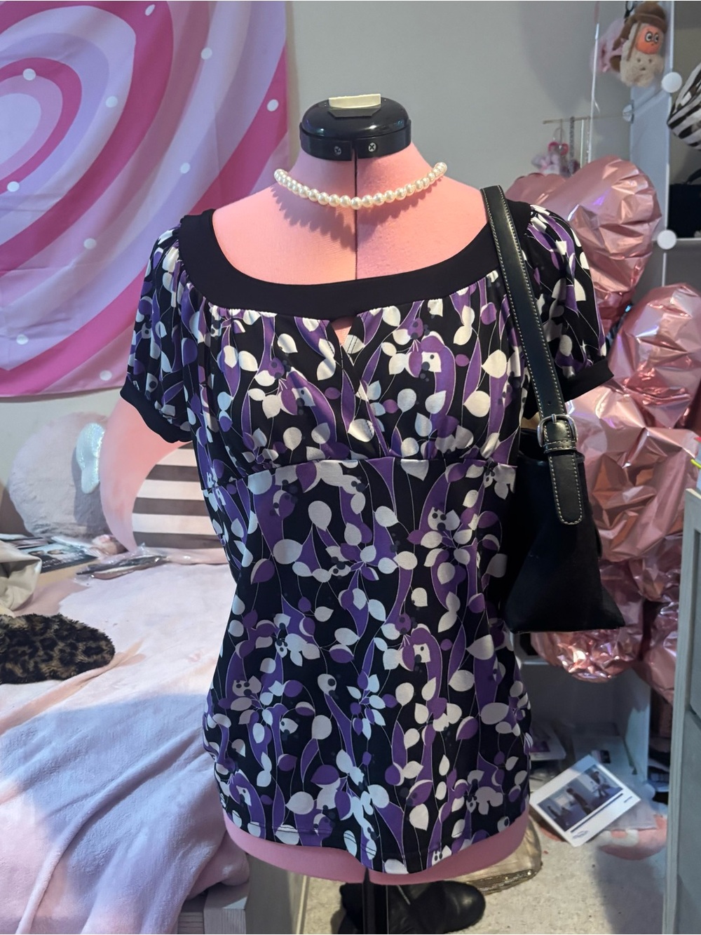 Carol Rose Purple, Black & White Floral Square Neck Top